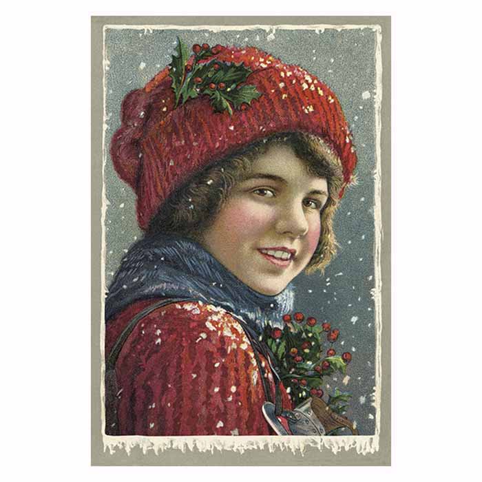 Vintage joulukortti Tyttö punaisessa asussa